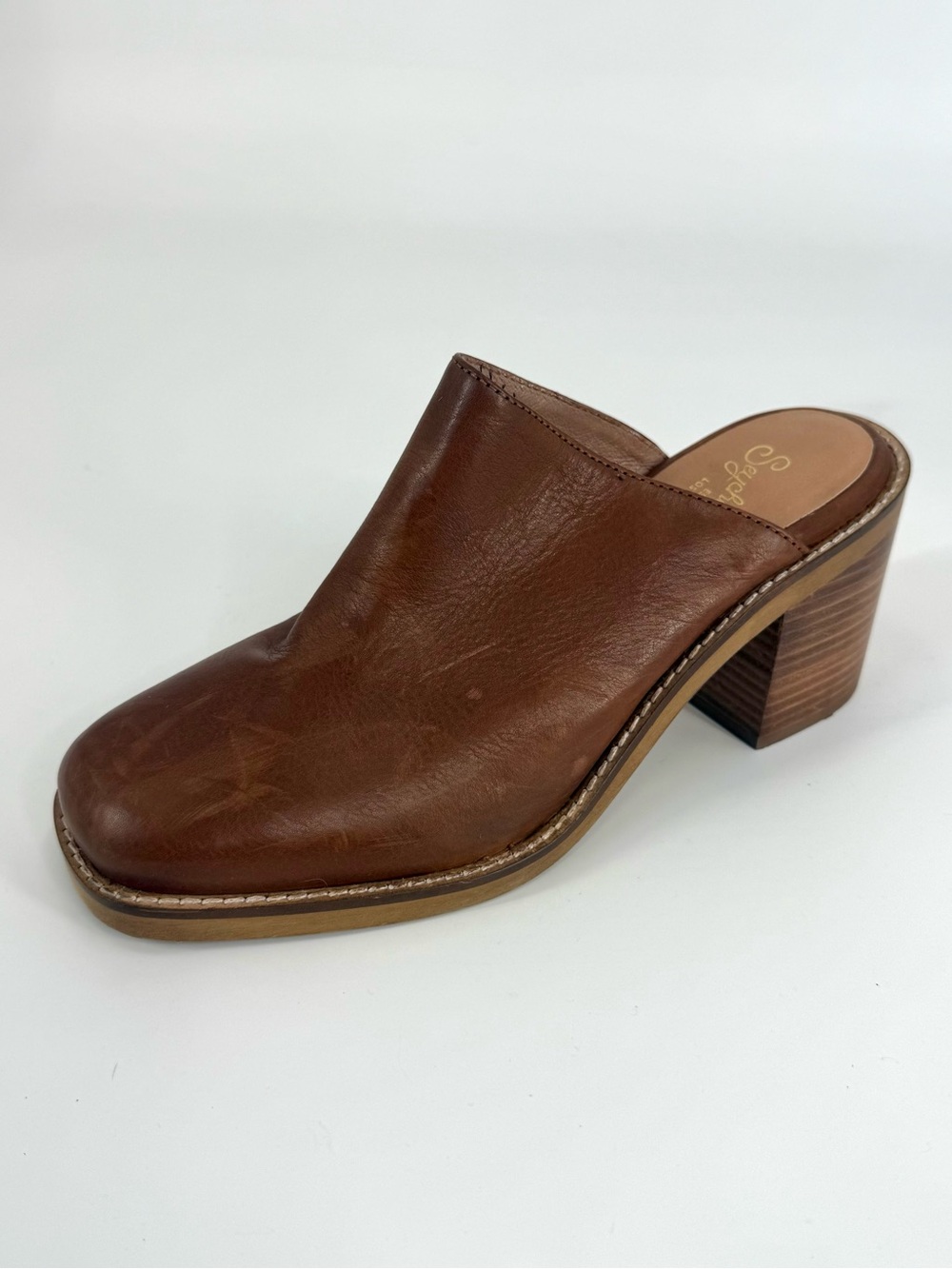 Seychelles Spur Of The Moment Block Heeled Leather Mule Shoe Tan Brown, Size 8
